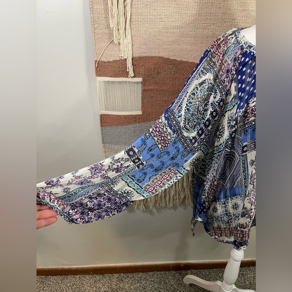 Anthropologie By Together Blue Patchwork Gold Stitches Peasant Bobo Blouse ML/XL - Picture 3 of 9